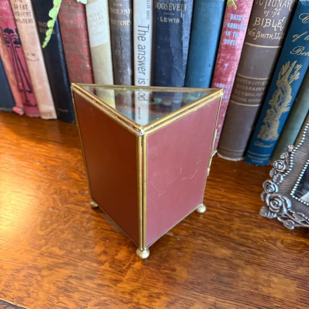Vintage Glass/Mirrors & Brass Triangular Box with Flowers